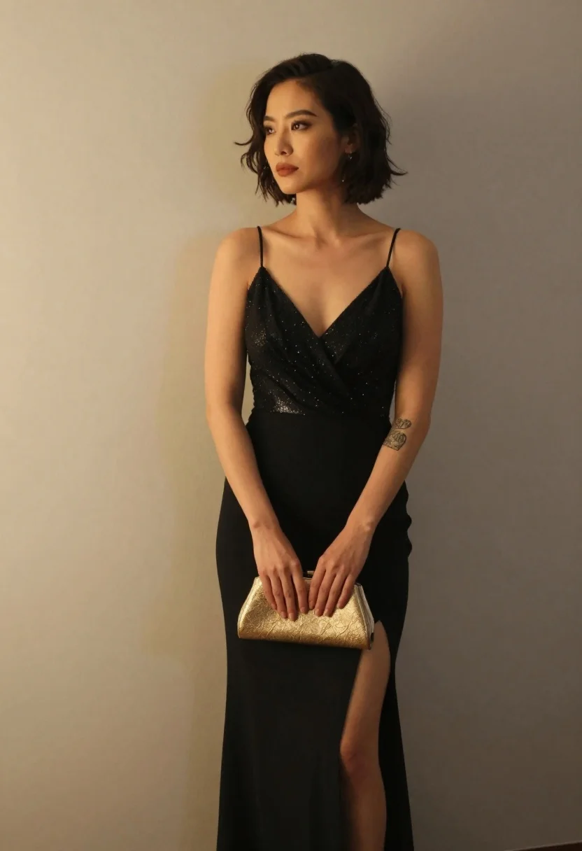 Woman in elegant black gown standing against a plain beige grey wall