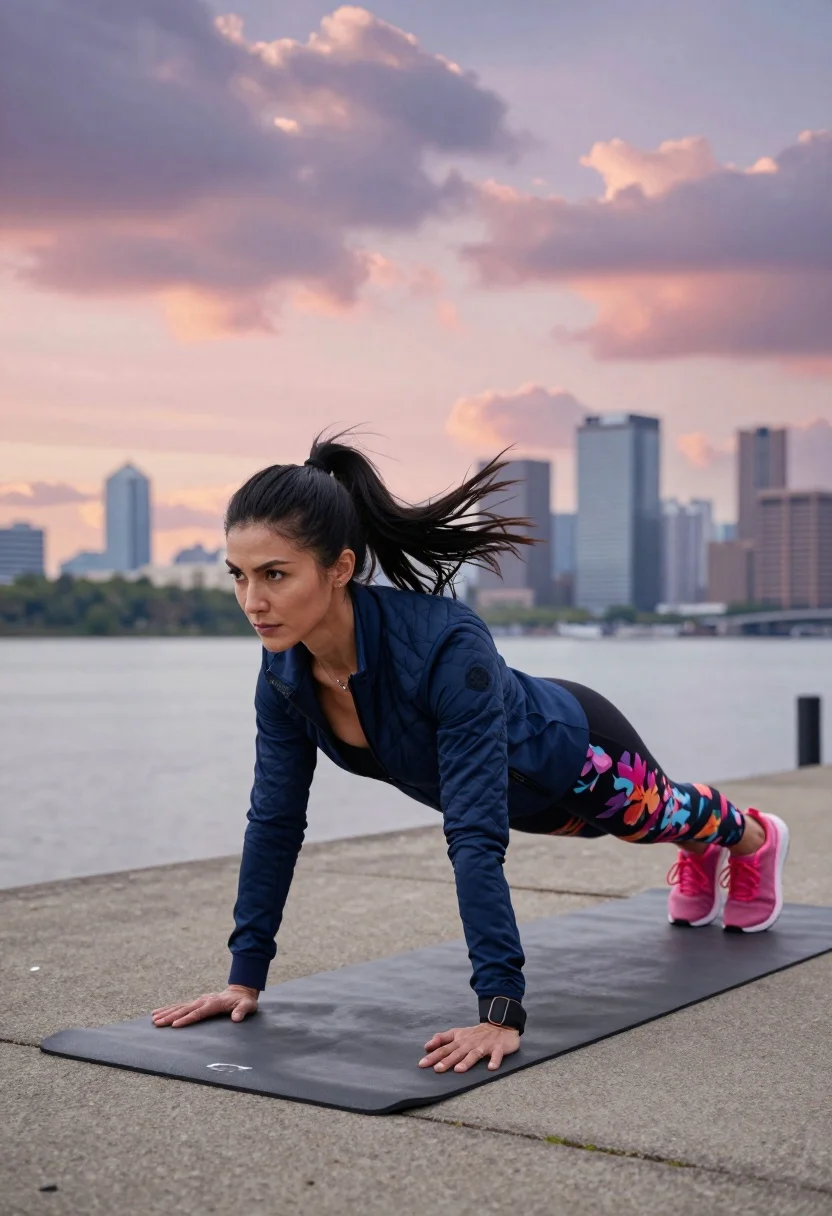 Fit woman planking outdoors near river with city skyline at dusk - AI generated image prompt sample