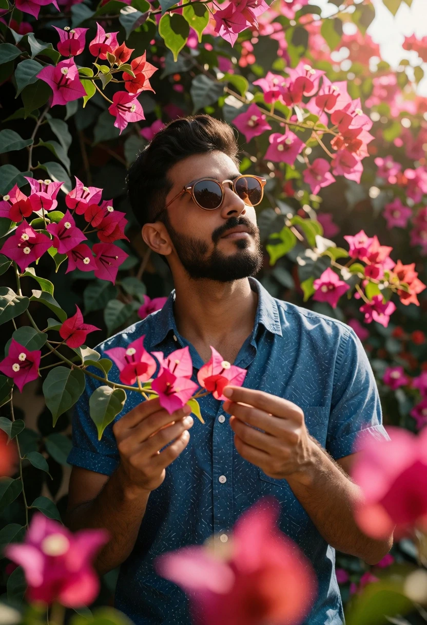 Young man with blue shirt holding pink bougainvillea flowers outdoors - AI generated image prompt sample