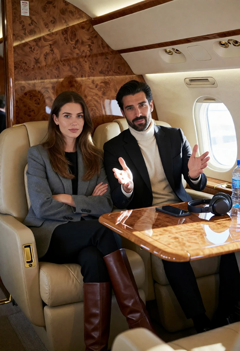 Well dressed couple seated in luxurious private jet cabin interior - AI generated image prompt sample