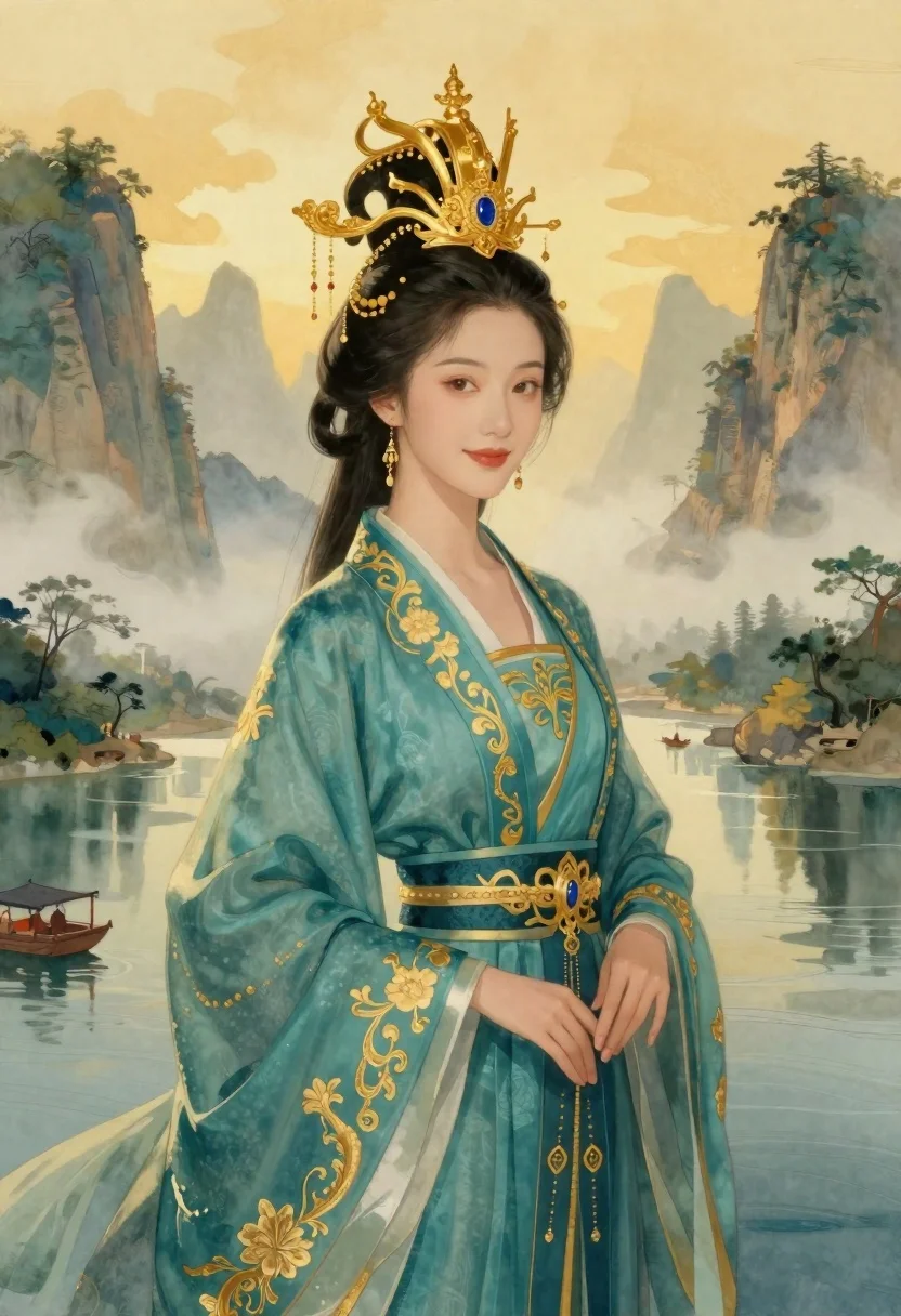 Elegant woman in teal hanfu against misty mountains