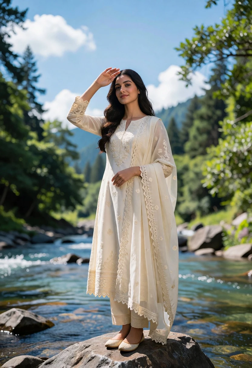 Woman in cream traditional outfit standing on rock in flowing river landscape - AI generated image prompt sample