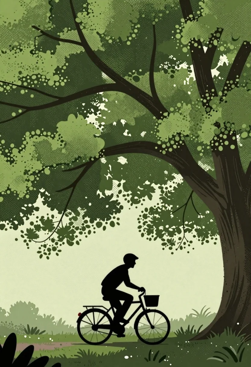 Silhouette on a bicycle under massive tree canopy