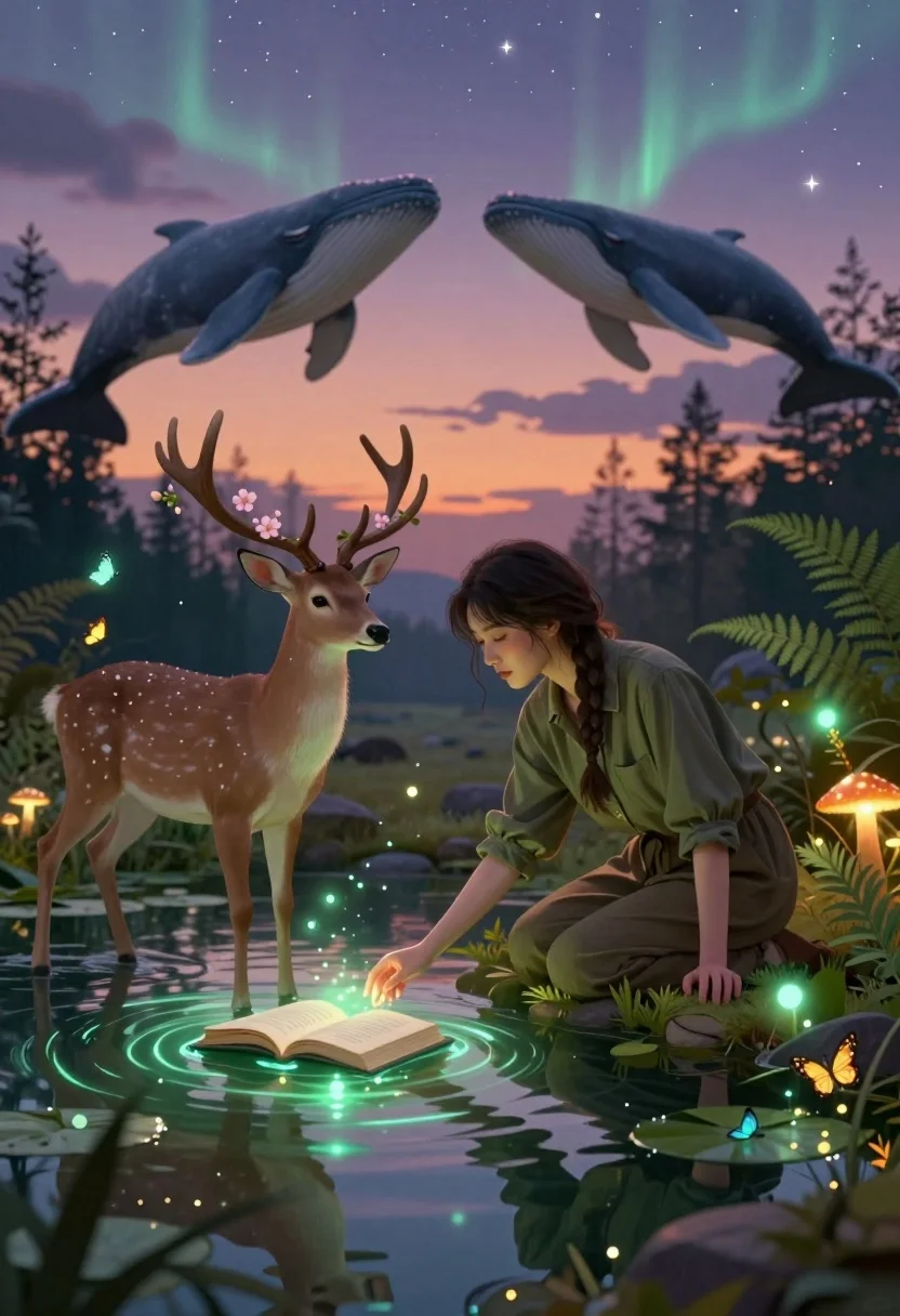 Young woman kneeling by mystical pond with deer and whales in forest - AI generated image prompt sample