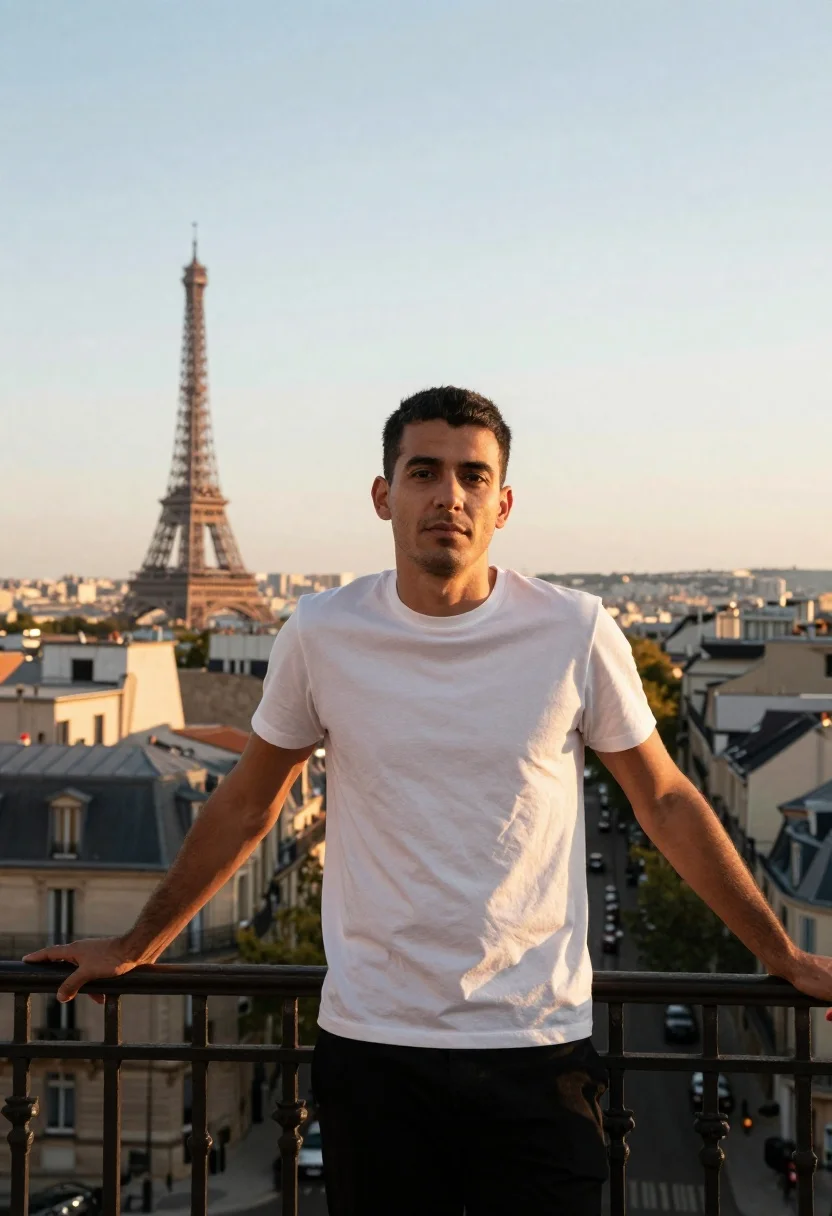 Man leaning on balcony overlooking paris at sunset - AI generated image prompt sample