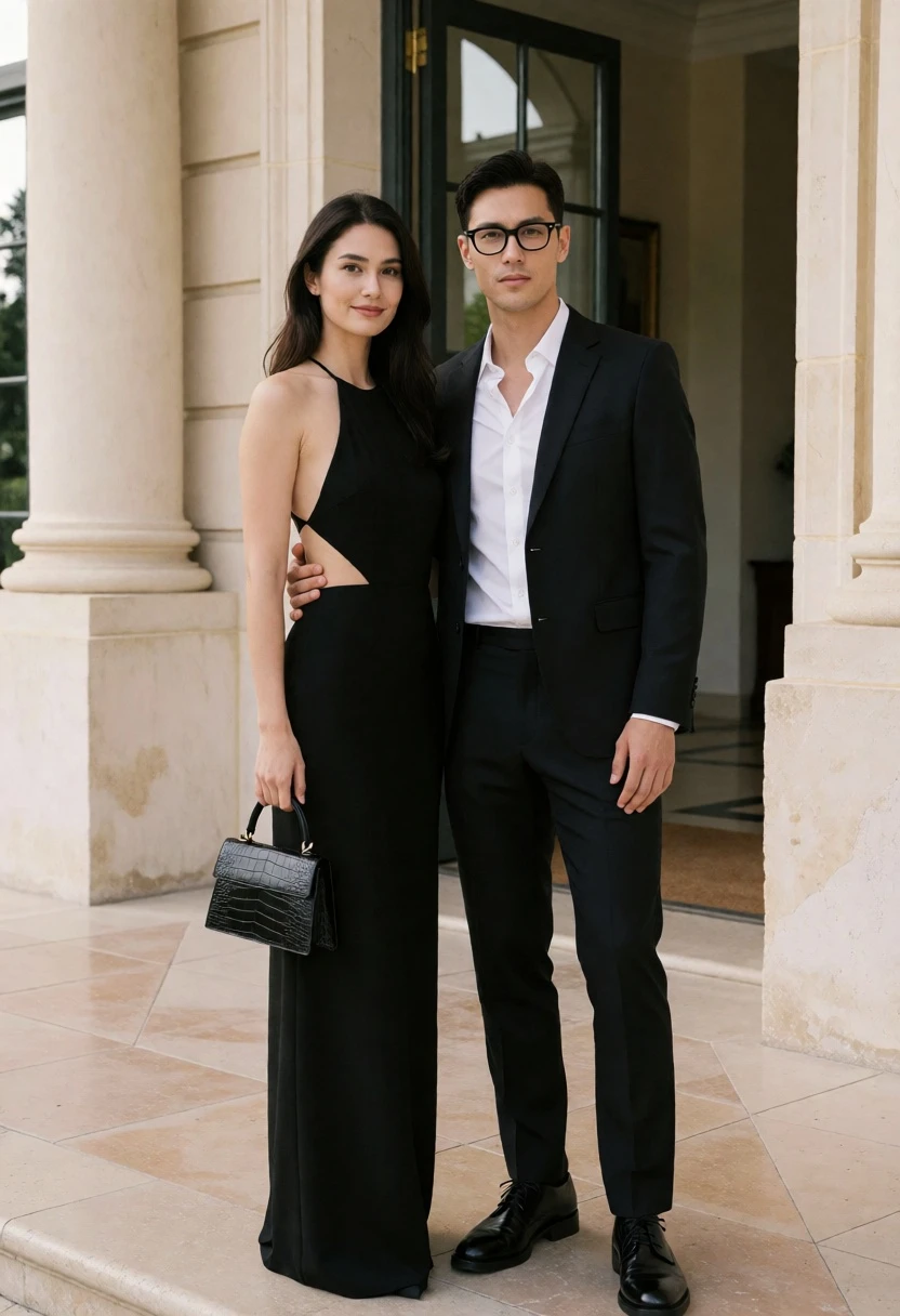 Well dressed couple posing in front of elegant stone colonnade architecture - AI generated image prompt sample