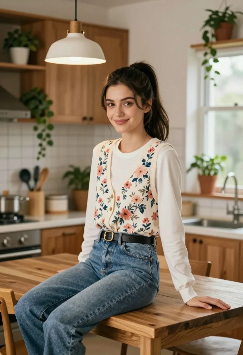 Young woman in floral vest sitting at wooden kitchen island indoors - AI generated image prompt sample