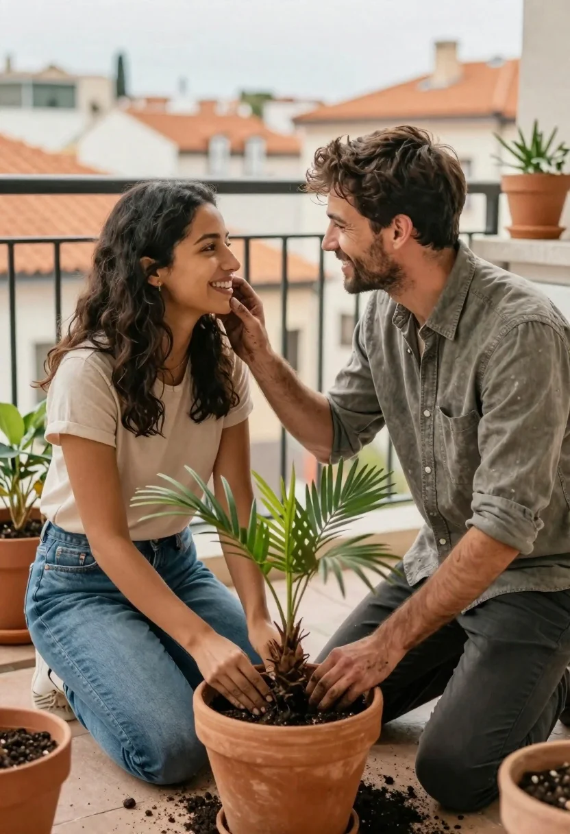 Young couple kneeling on balcony planting palm plant in terracotta pot - AI generated image prompt sample