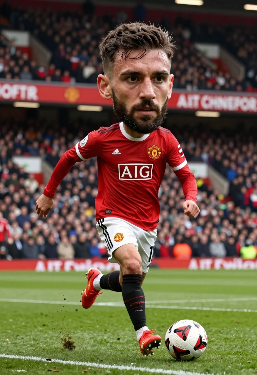 Soccer player with oversized head dribbling ball on professional stadium pitch - AI generated image prompt sample
