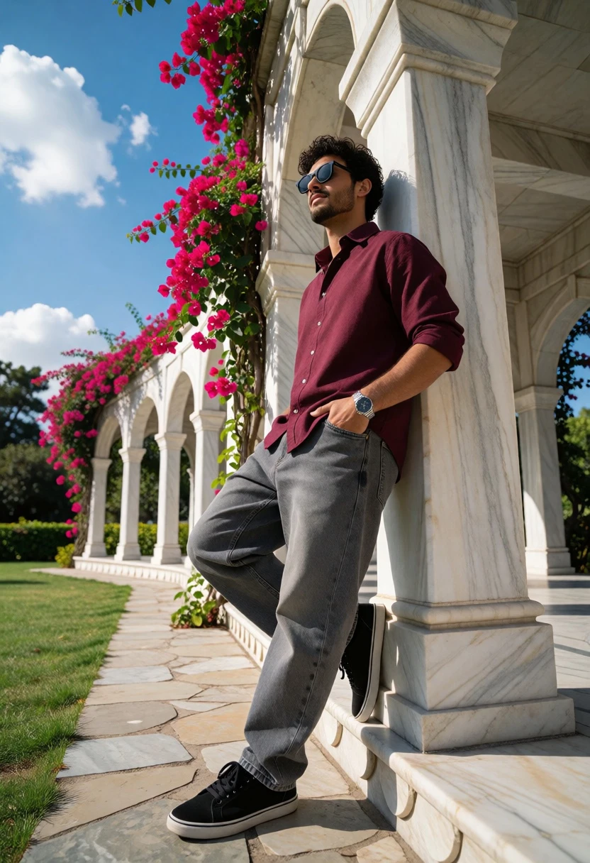 Young man leaning against white marble column in garden under blue sky - AI generated image prompt sample