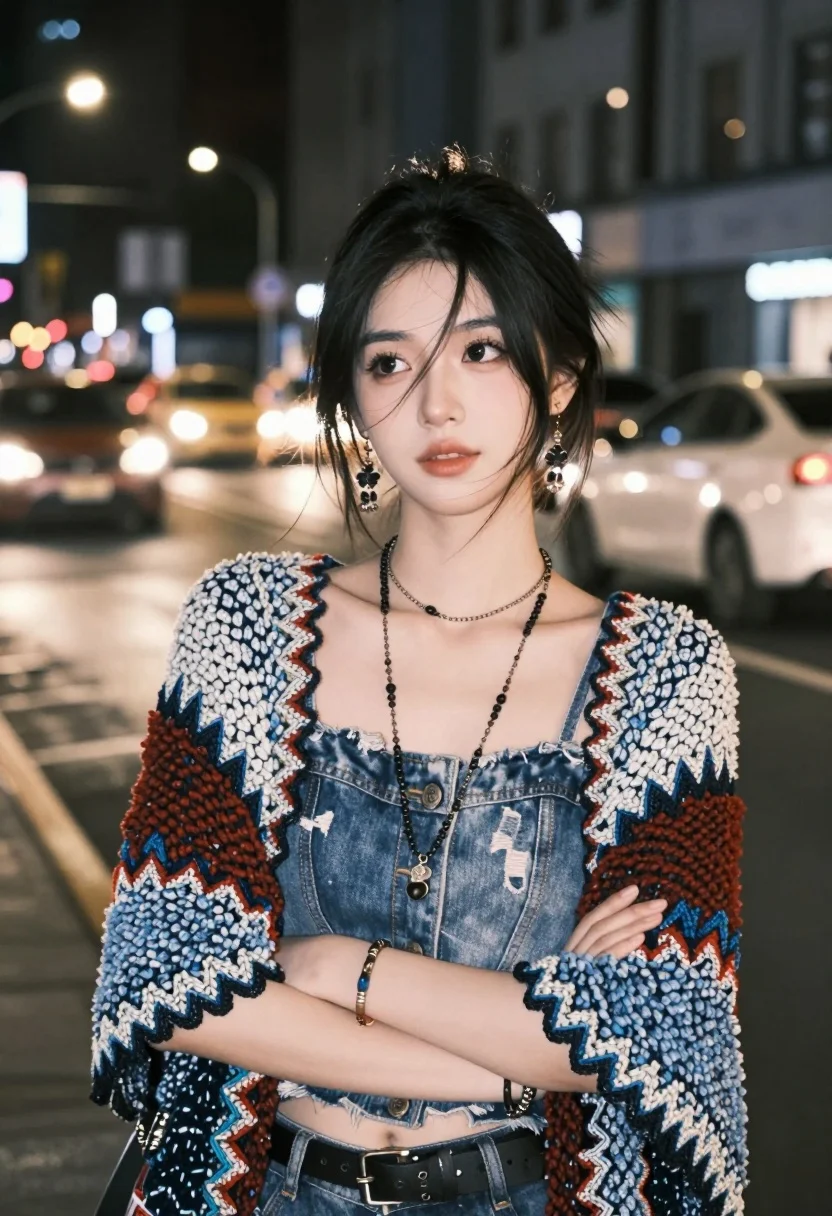 Young woman in blue cardigan standing on busy city street at night - AI generated image prompt sample