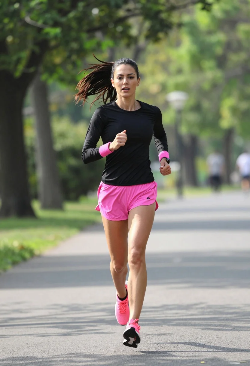 Fit woman running on paved park path with flowing dark hair - AI generated image prompt sample