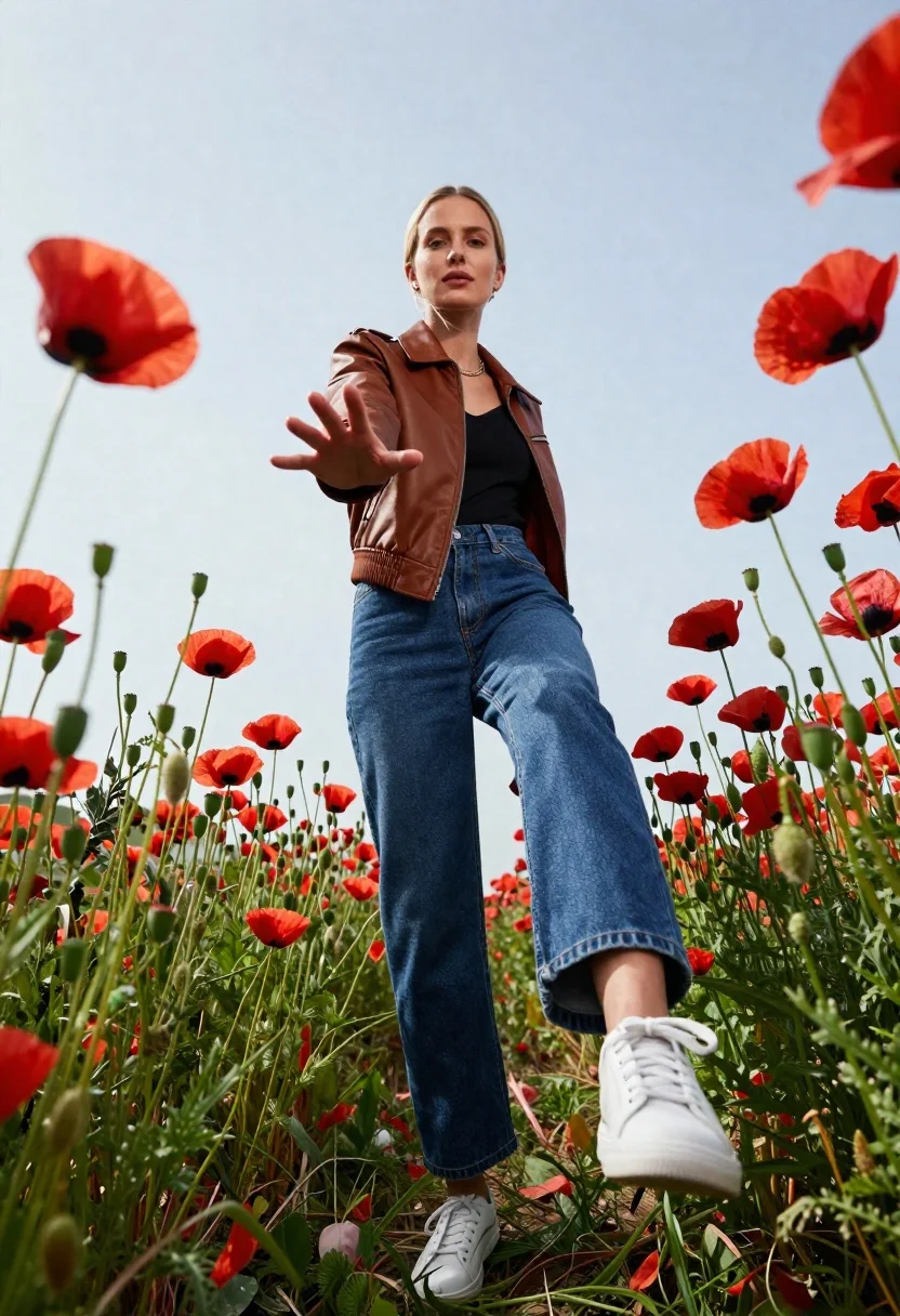 Fair skinned blonde woman in brown bomber jacket reaching from low angle - AI generated image prompt sample