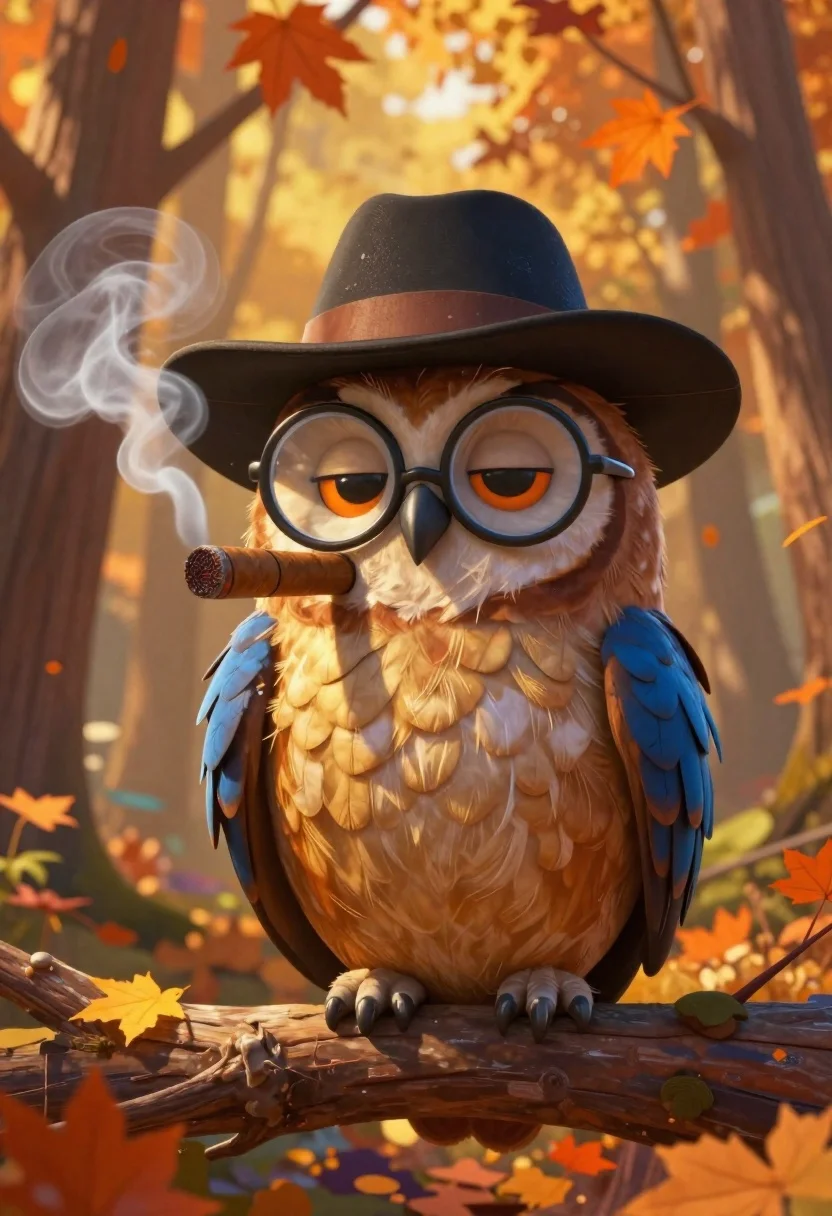 Cartoon owl wearing a hat in autumn forest