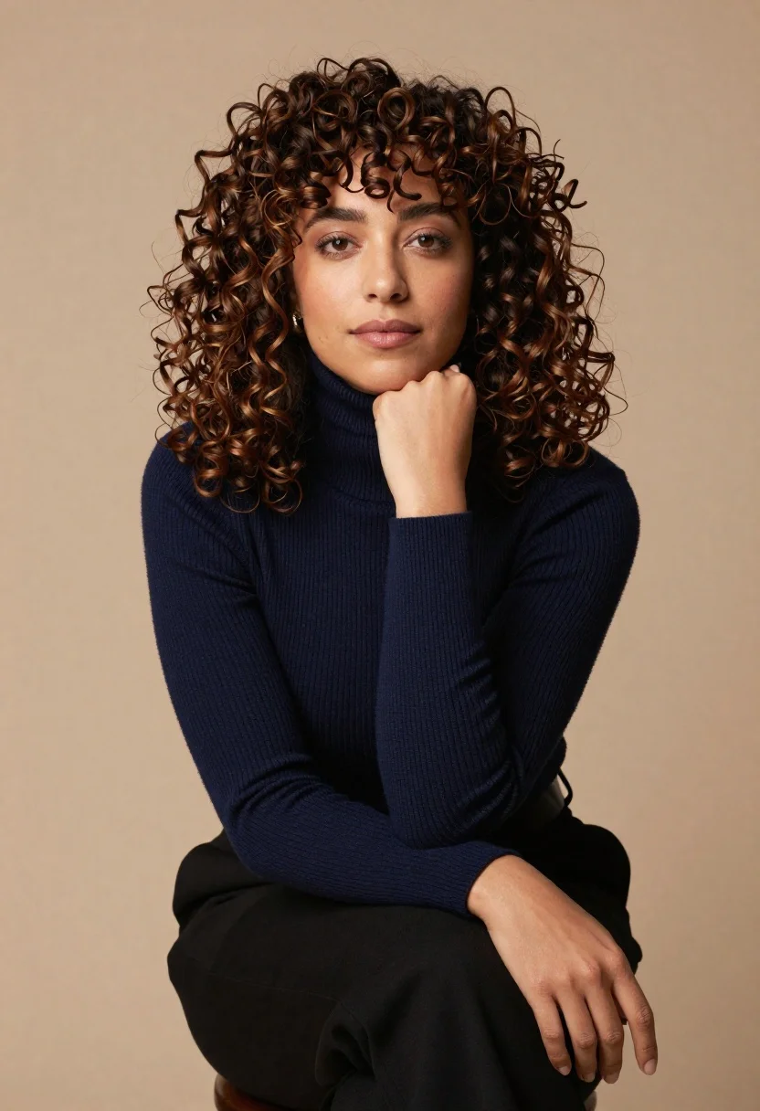 Studio portrait of woman in navy sweater - AI generated image prompt sample