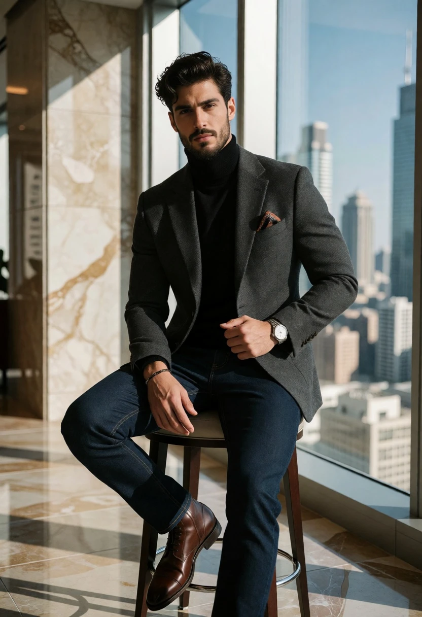 Handsome man in blazer sitting indoors overlooking modern city skyline view - AI generated image prompt sample
