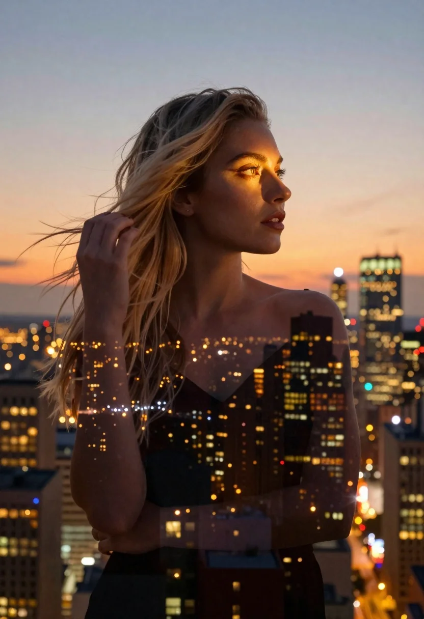 Woman portrait blended with twilight cityscape skyline