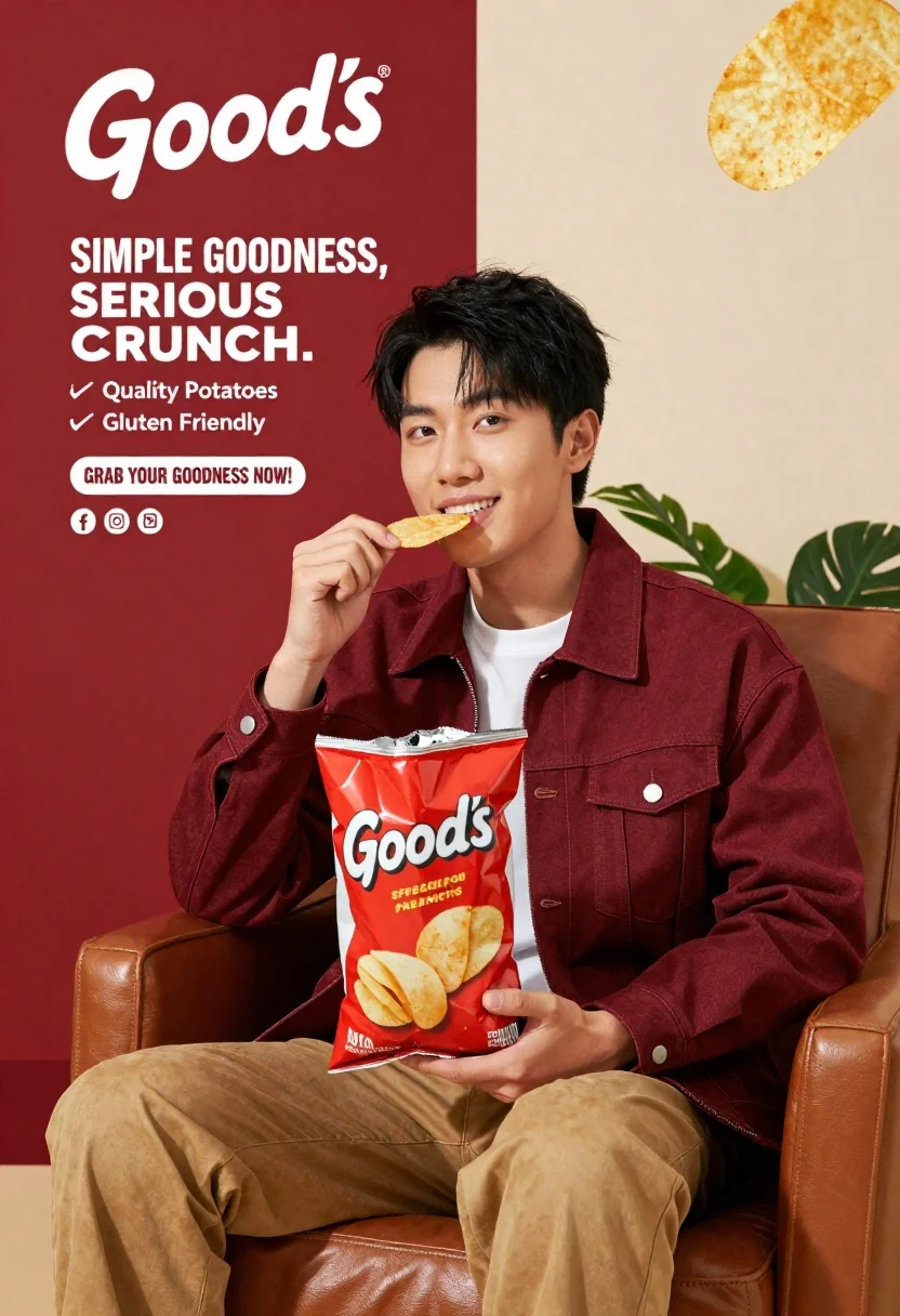 Young asian man eating goods potato chips in maroon jacket - AI generated image prompt sample