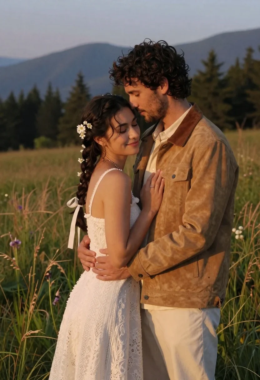 Young couple embracing in a grassy field at sunset with mountains - AI generated image prompt sample