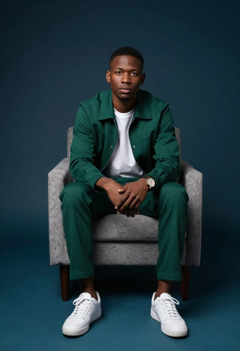 Young black man seated in armchair against teal background