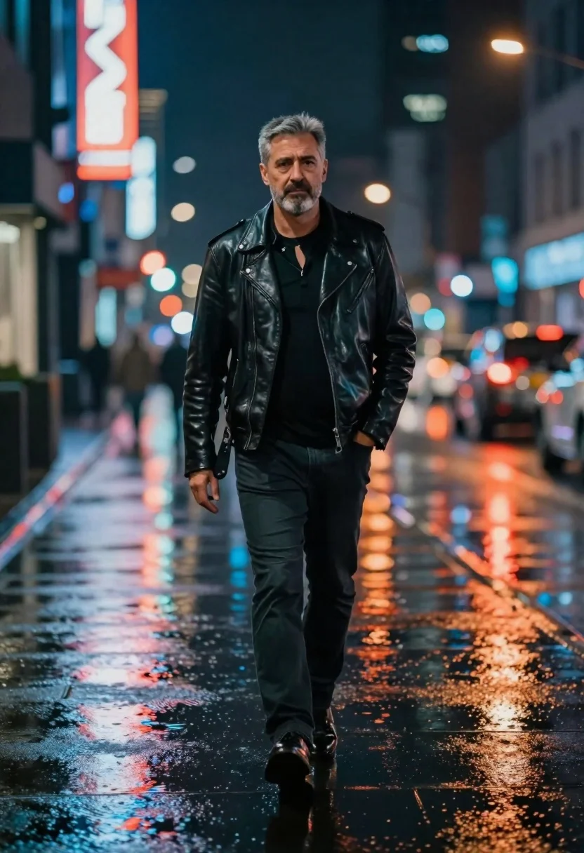 Man walking down rain slicked city street at night
