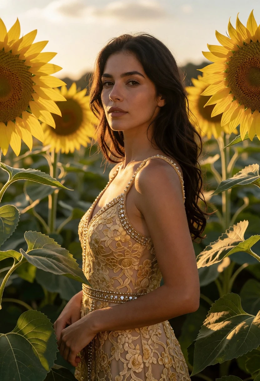 Woman in ornate golden lace dress surrounded by tall sunflowers outdoors - AI generated image prompt sample