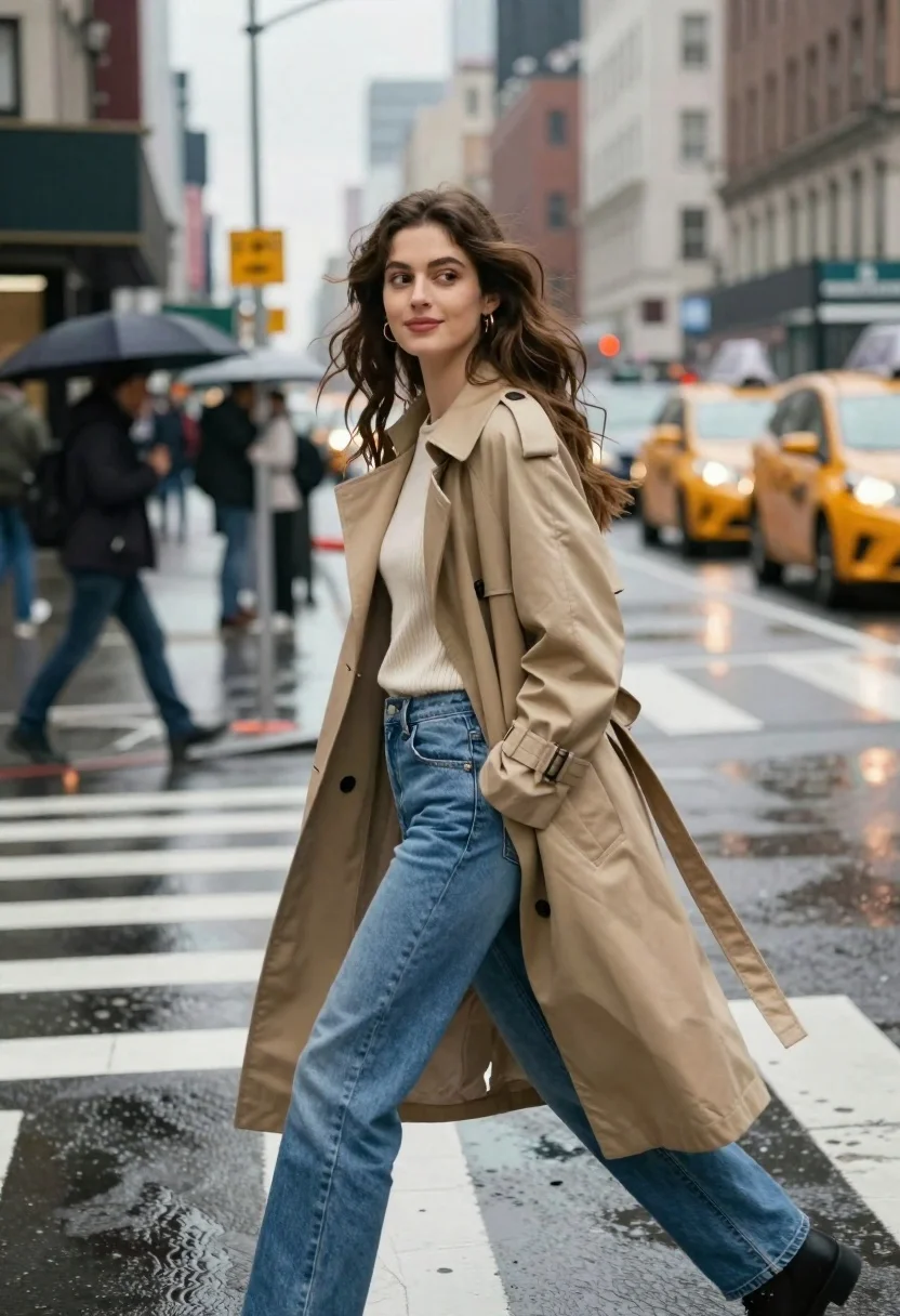 Young woman in trench coat walking across wet city crosswalk - AI generated image prompt sample