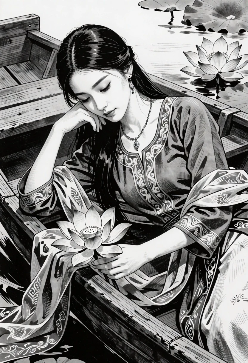 Black and white portrait of woman in wooden boat holding lotus flower - AI generated image prompt sample