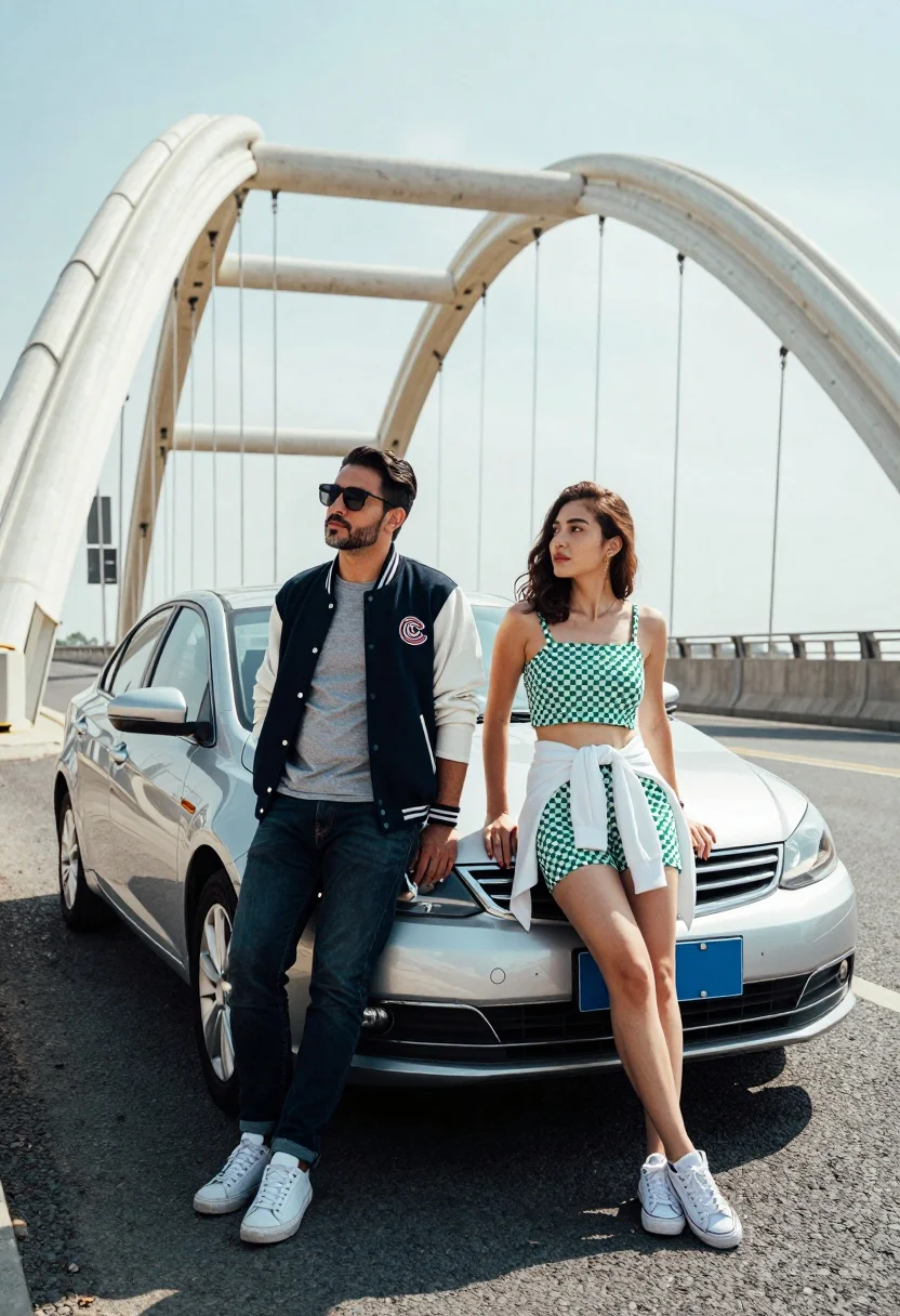 Man and woman posing by silver sedan near large arched bridge on - AI generated image prompt sample