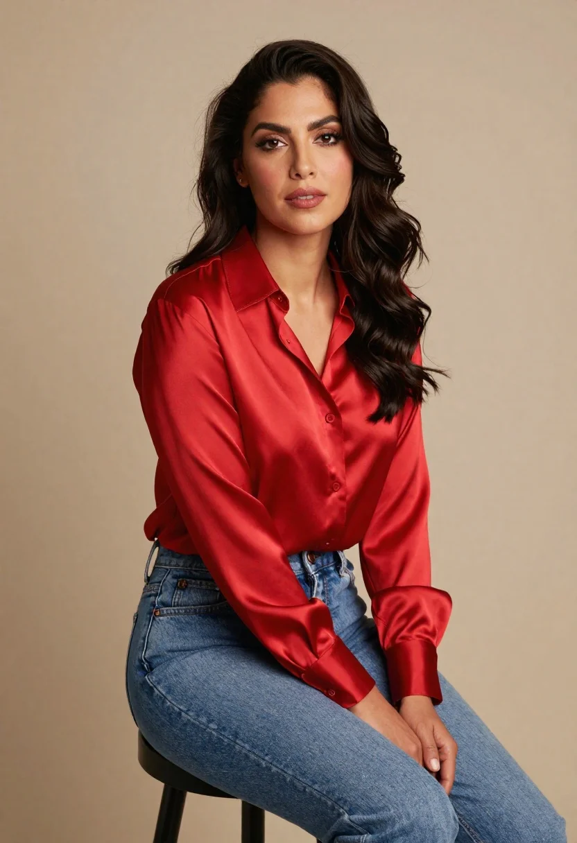 Confident woman in red satin blouse and blue jeans seated in studio - AI generated image prompt sample