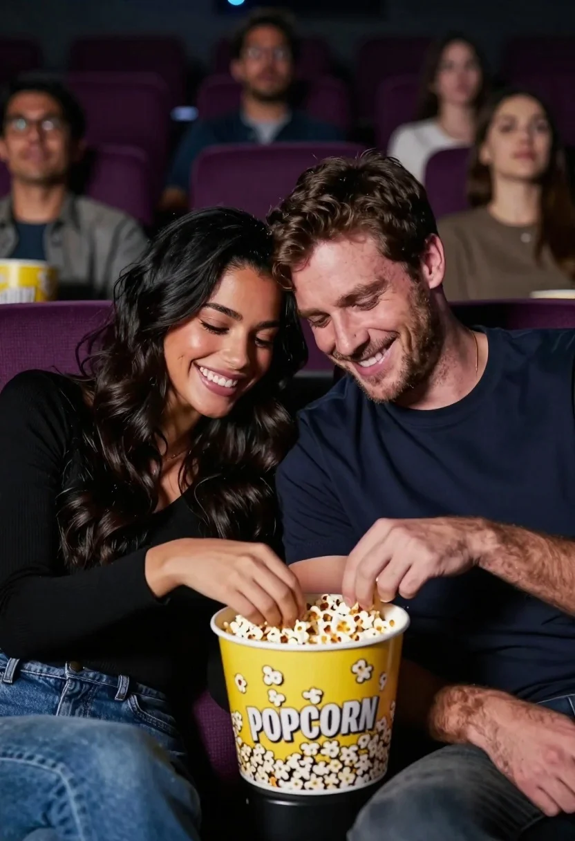 Young couple sharing popcorn in a dimly lit movie theater - AI generated image prompt sample