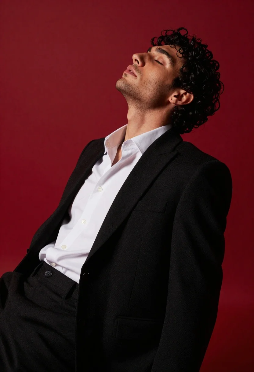 Young man in black suit leaning back against chair on red wall - AI generated image prompt sample