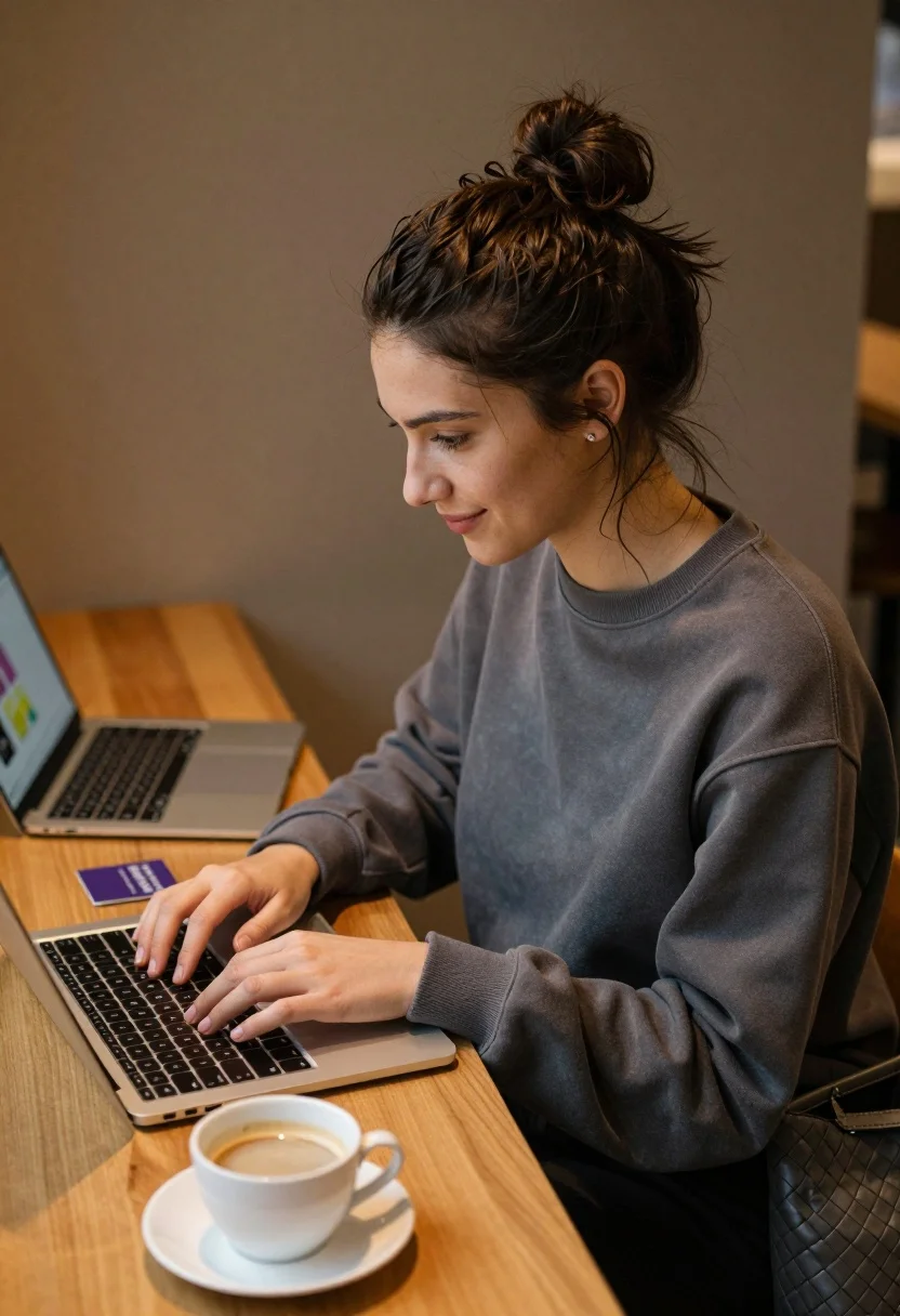 Young woman working on laptop in cozy cafe setting with coffee cup - AI generated image prompt sample