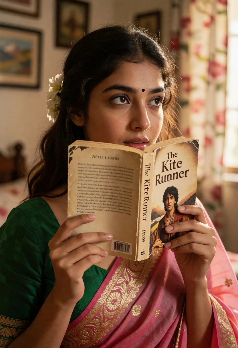 Young woman in green blouse and pink saree holding book indoors - AI generated image prompt sample