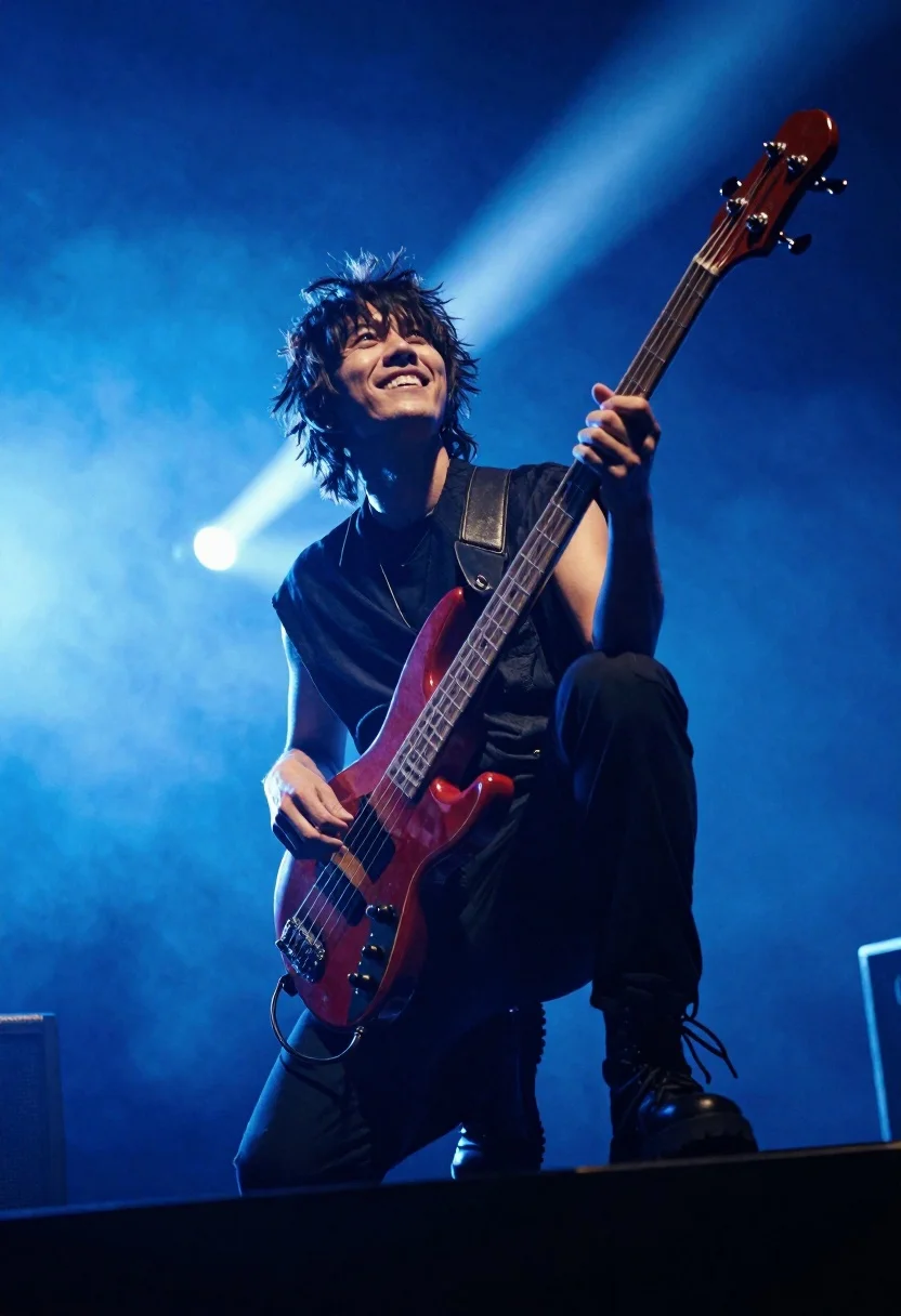 Rock musician squatting with red bass guitar under blue lights
