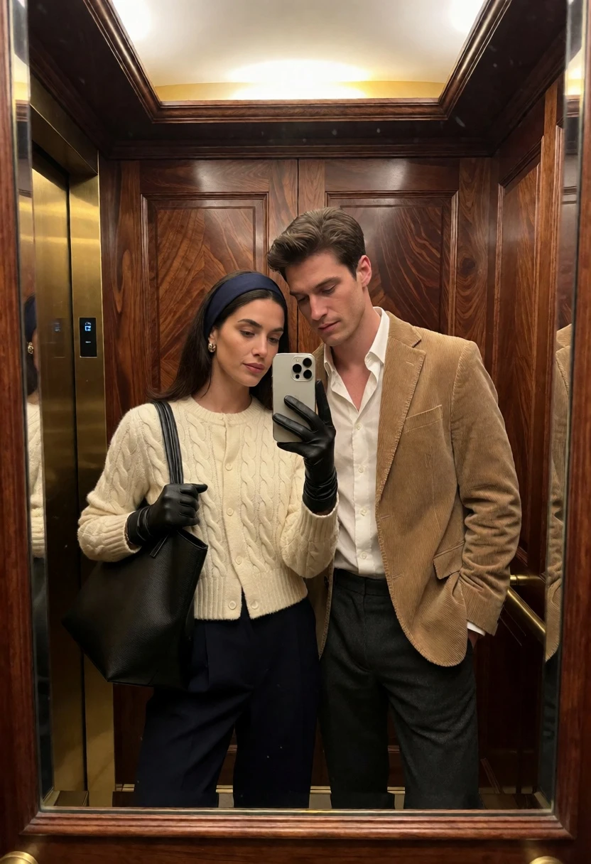 Couple taking a mirror selfie inside luxurious wood paneled elevator interior - AI generated image prompt sample