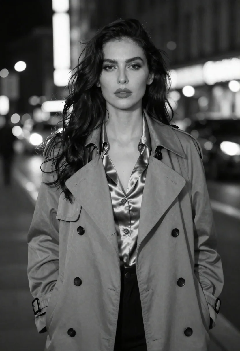 Black and white portrait of woman on urban street at night