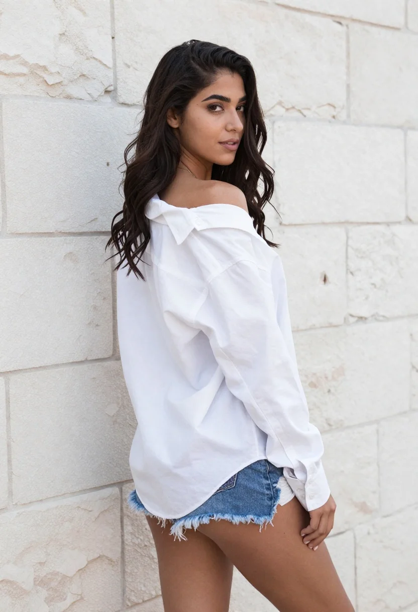 Young woman in white shirt and denim shorts against textured stone wall