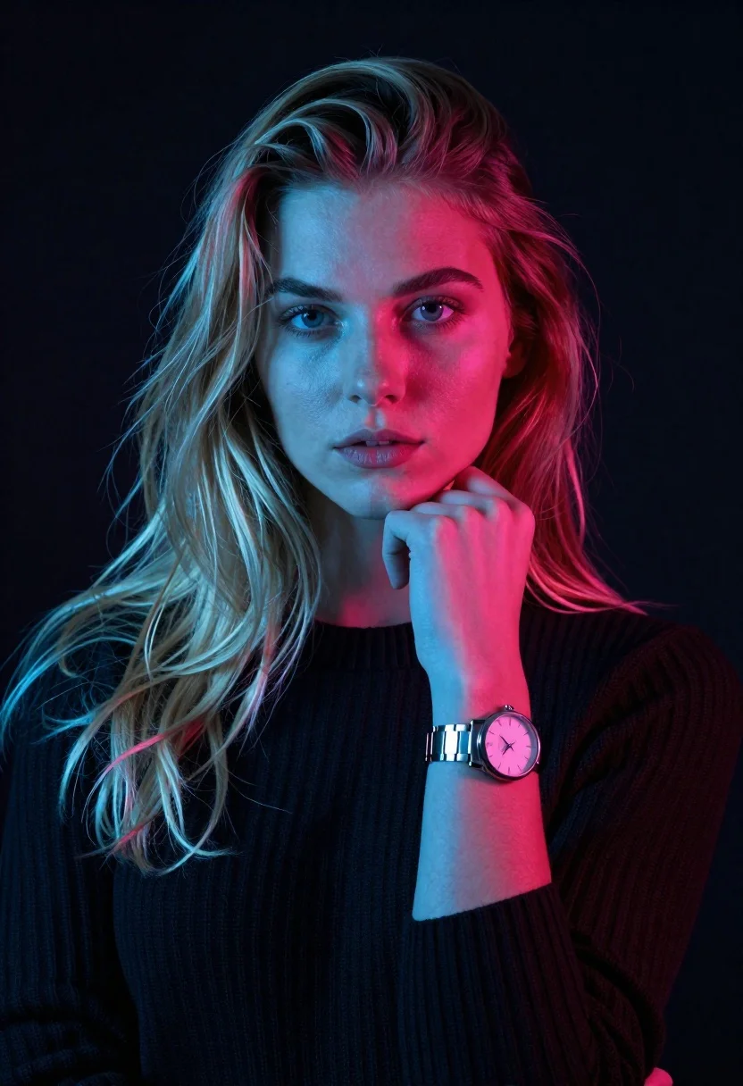 Young woman with long blonde hair in dark sweater posing with watch - AI generated image prompt sample
