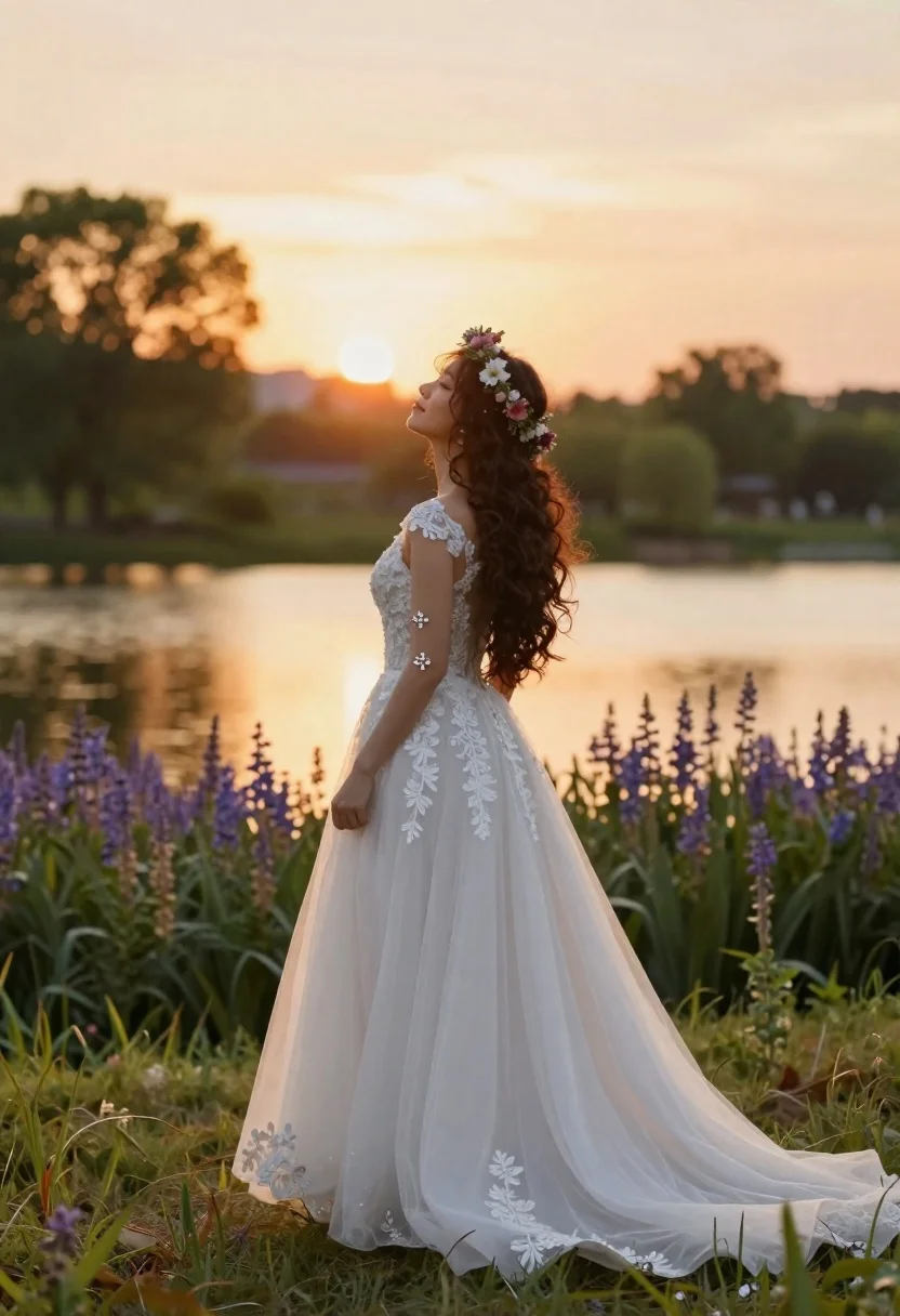 Woman in white wedding gown profile against golden hour sunset over water - AI generated image prompt sample