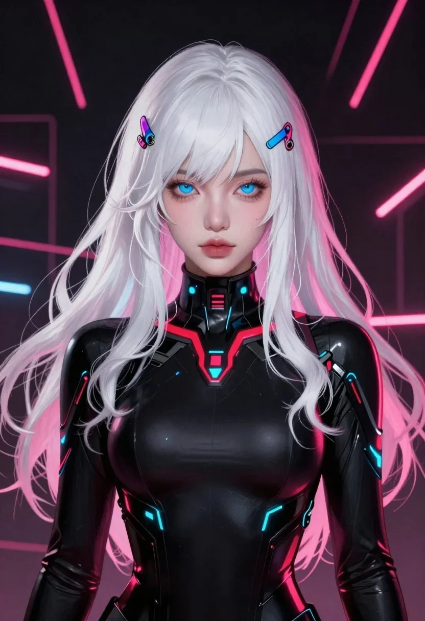 Cyberpunk portrait of woman with white hair and blue eyes - AI generated image prompt sample