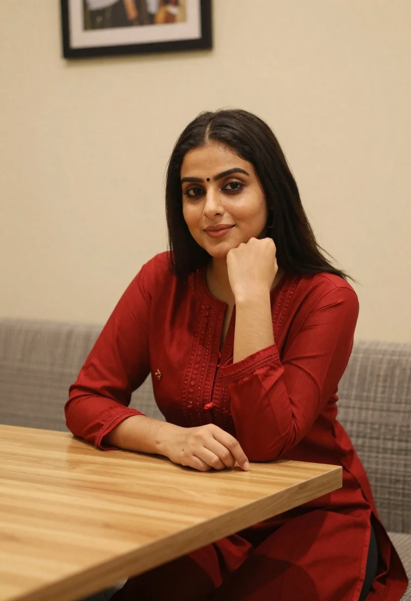 Young woman in red salwar kameez resting chin on hand indoors