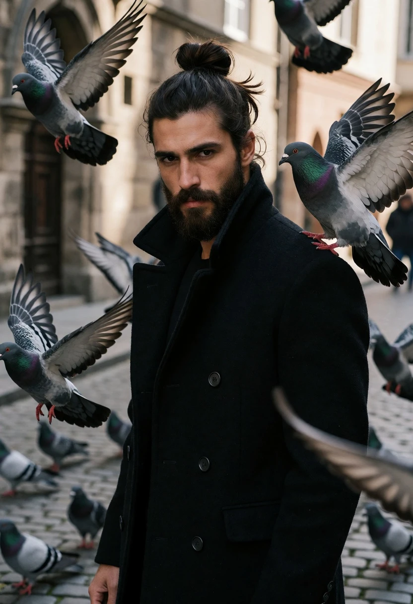 Man in black wool coat standing with pigeons on old european cobblestone - AI generated image prompt sample