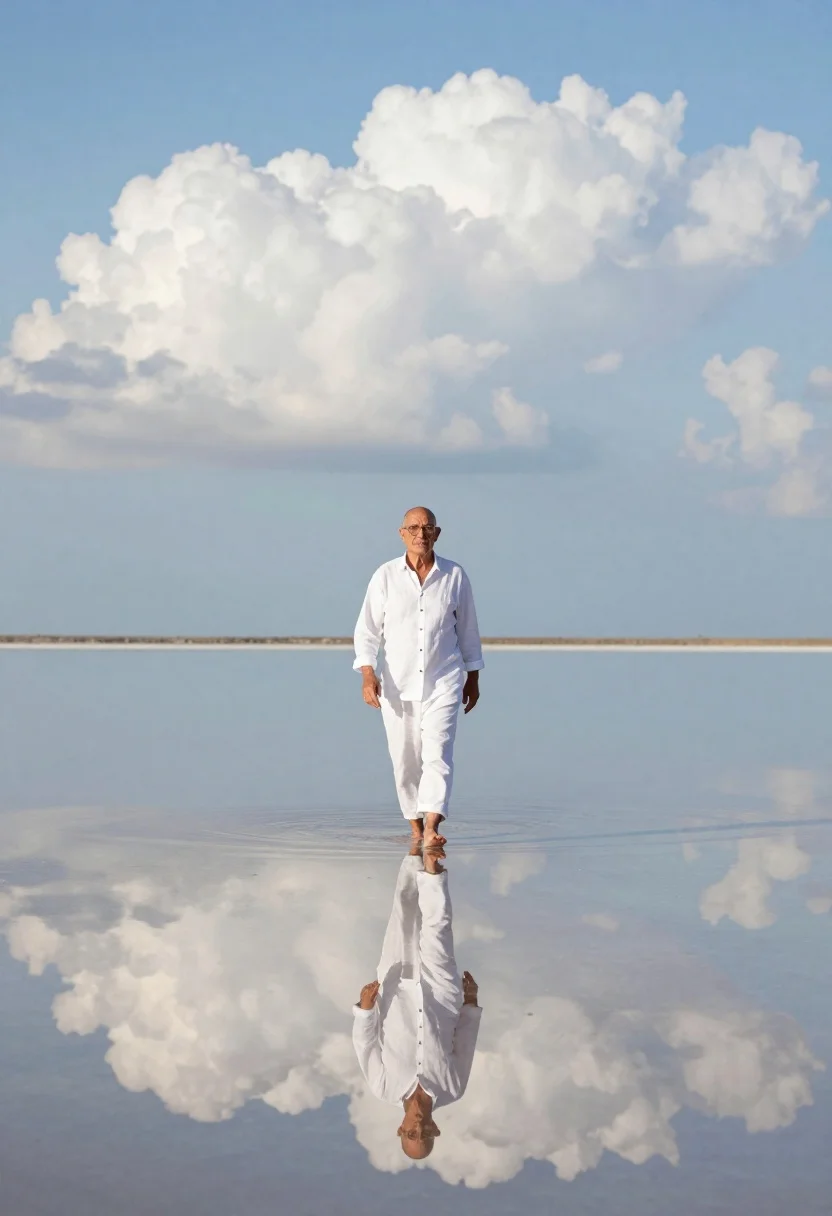 Older man walking across still reflective body of water