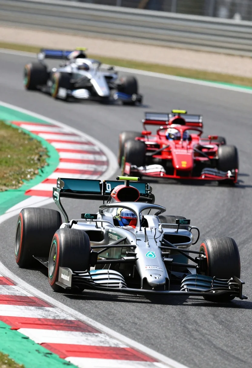Low angle shot of silver mercedes f1 car speeding on racetrack with - AI generated image prompt sample