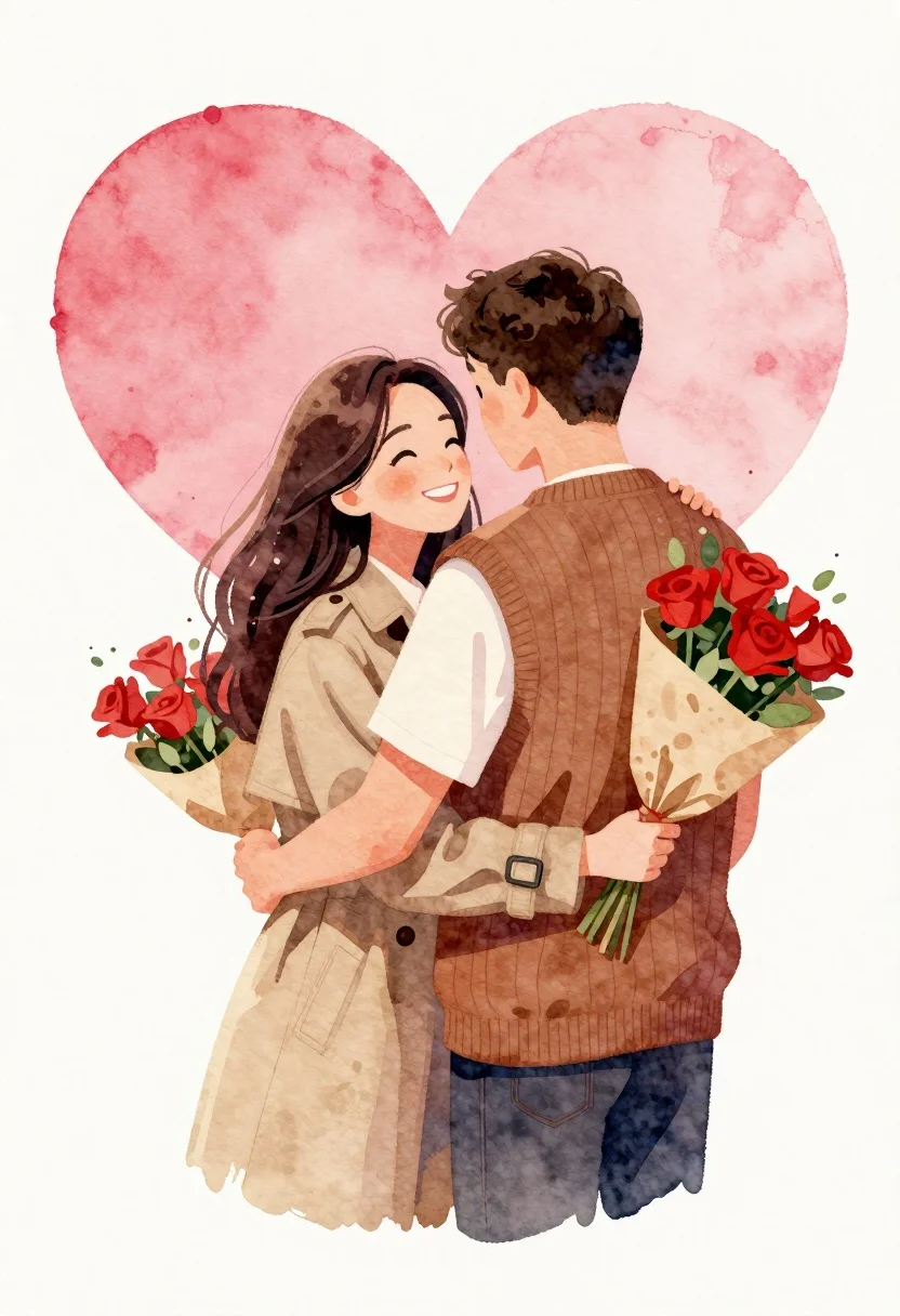 Couple embracing in front of a large pink heart watercolor illustration - AI generated image prompt sample