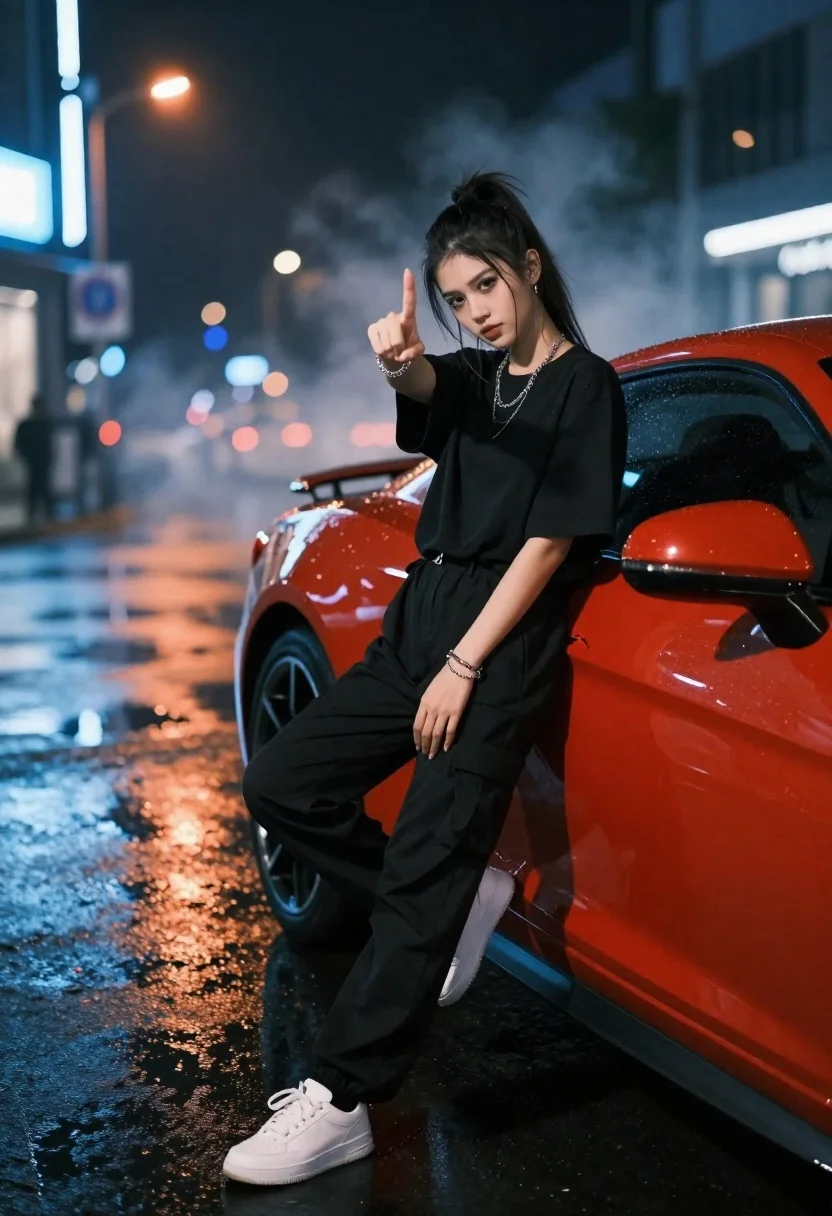 Young woman in black clothes on red sports car at night street - AI generated image prompt sample
