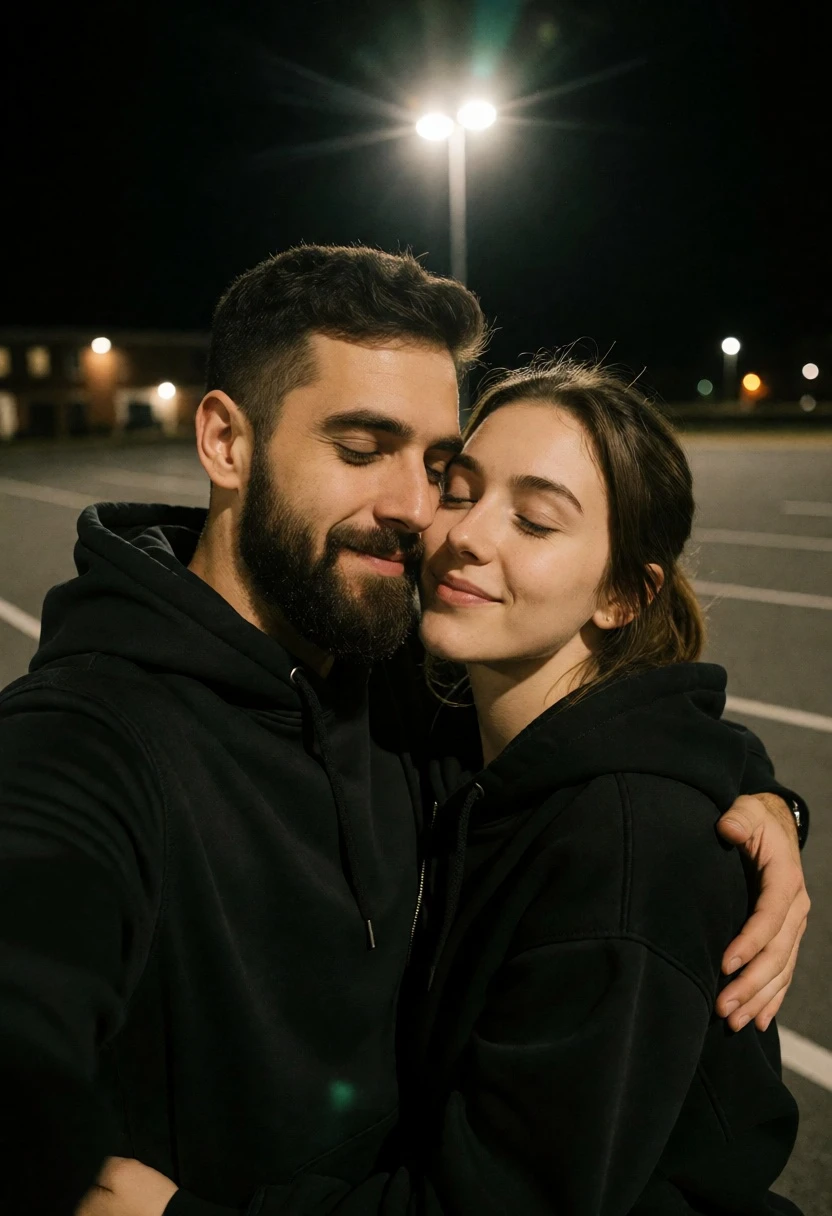 Intimate close up selfie of embracing couple in dark parking lot at - AI generated image prompt sample