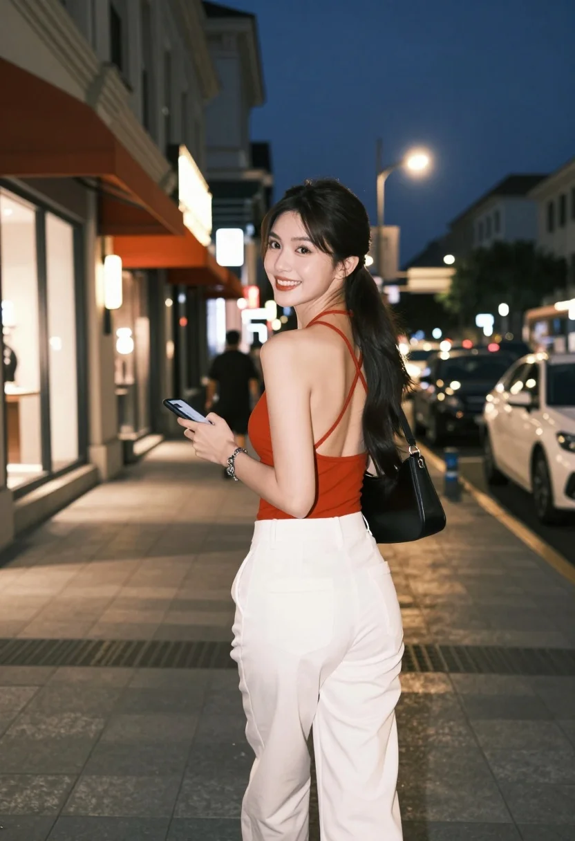Young woman in red top and white trousers on city sidewalk at - AI generated image prompt sample