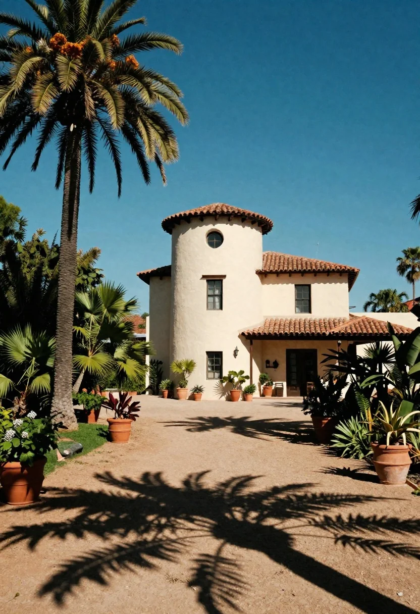 Spanish colonial villa in tropical garden under bright blue sky - AI generated image prompt sample